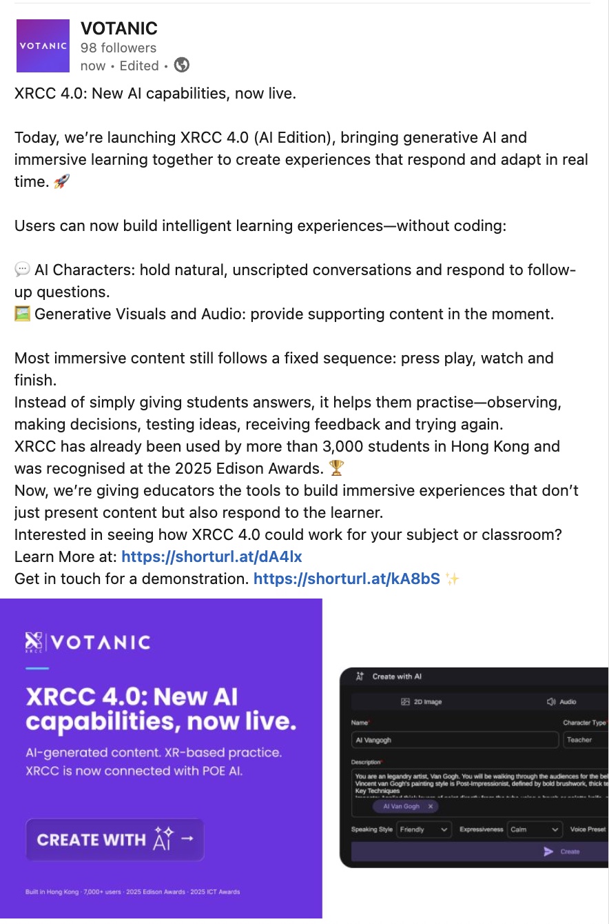 LinkedIn post launching XRCC 4.0 AI capabilities